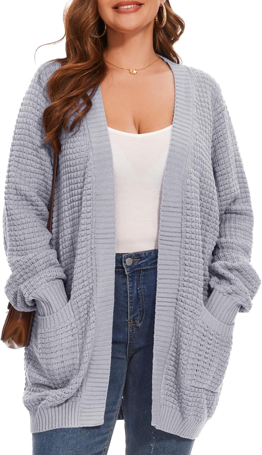Cardigan Sweaters for Women Plus Size Waffle Knit Long Sleeve Womens Fall Open Front Sweaters Tops with Pockets