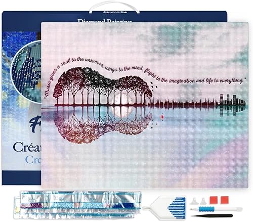 Figured'Art Kit de arte de pintura de diamantes para adultos de 16 x 20 pulgadas con marco, taladro cuadrado completo, guitarra de paisaje 5D, kit