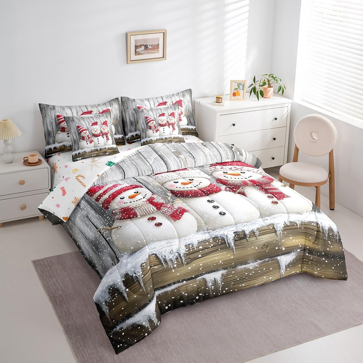 Snowman Bedding Set 7 Pieces Full,Merry Christmas Comforter Sets,Retro Wooden Board All Season Bedding Comforter Sets with 1 Comforter,2 Pillowcases,2 Pillow Covers,1 Flat Sheet,1 Fitted Sheet