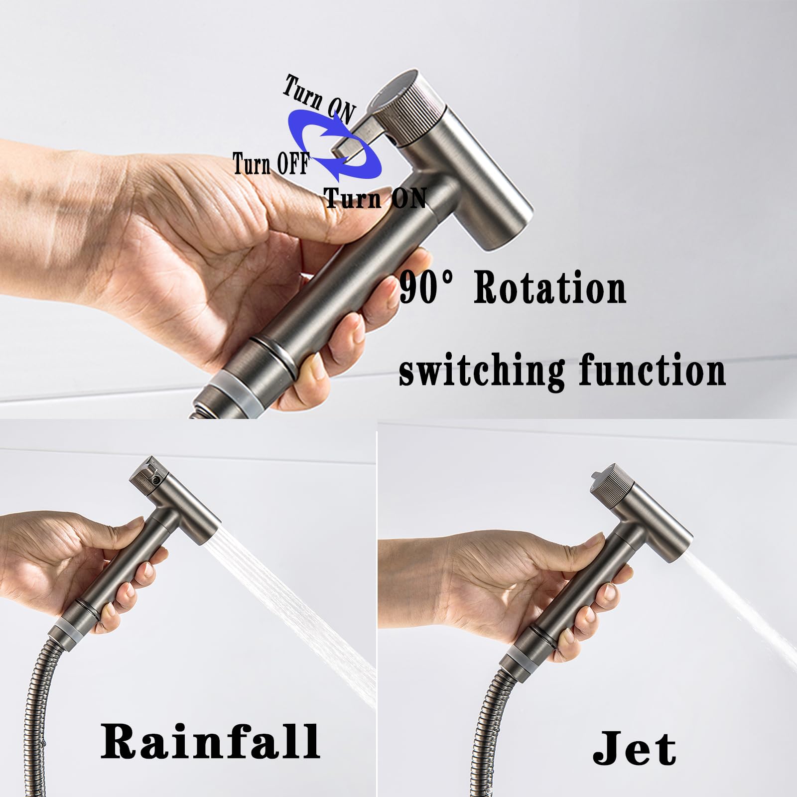 Pulverizador de bidé de mano gris pistola para inodoro, 2 modos, juego de accesorios de bidé de latón con manguera para agua caliente y fría, ideal para limpiar pañales y mascotas