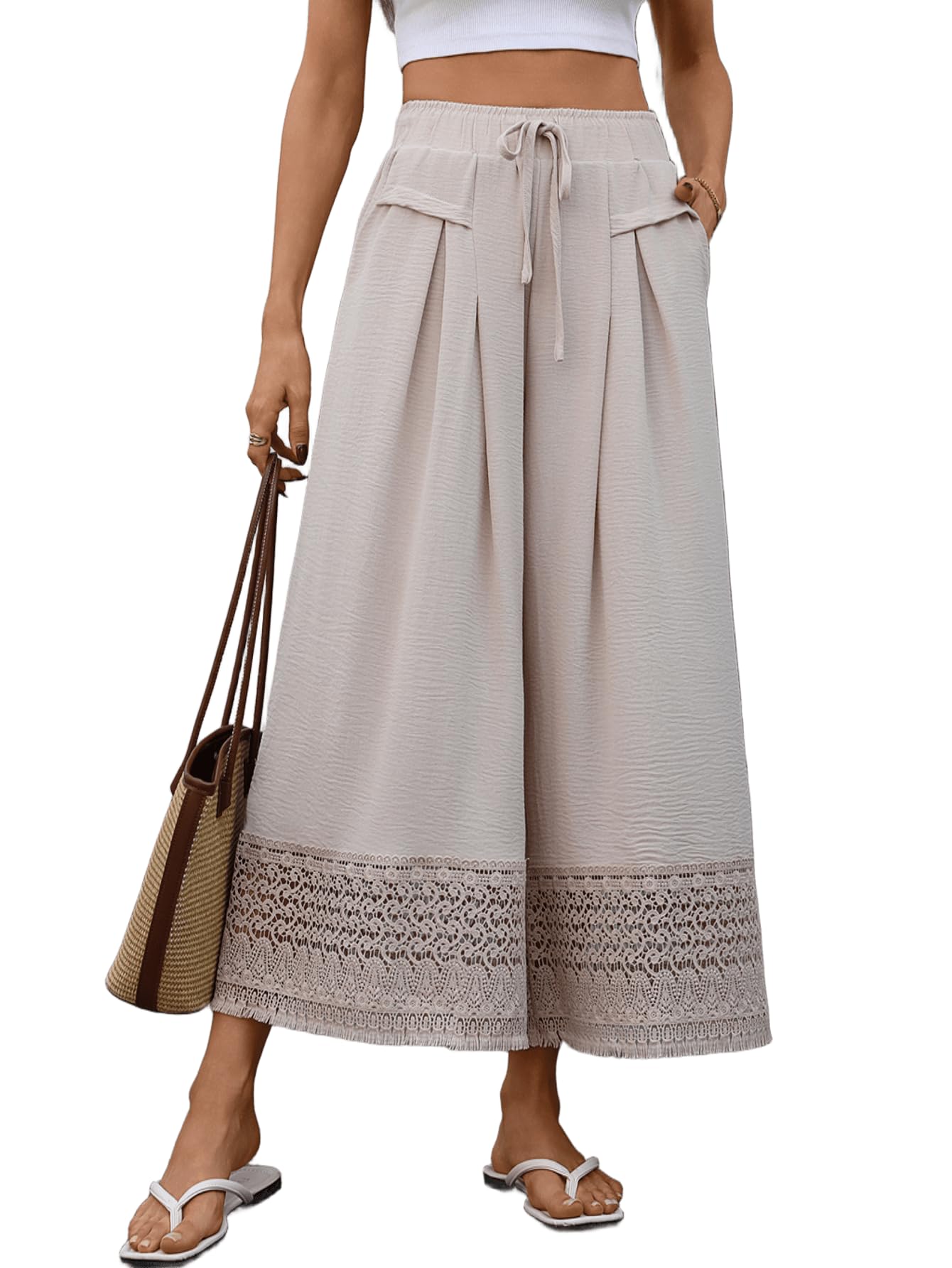 Womens Wide Leg Palazzo Pants with Crochet Lace Trim - High Waist Drawstring Linen Blend Lounge Pants with