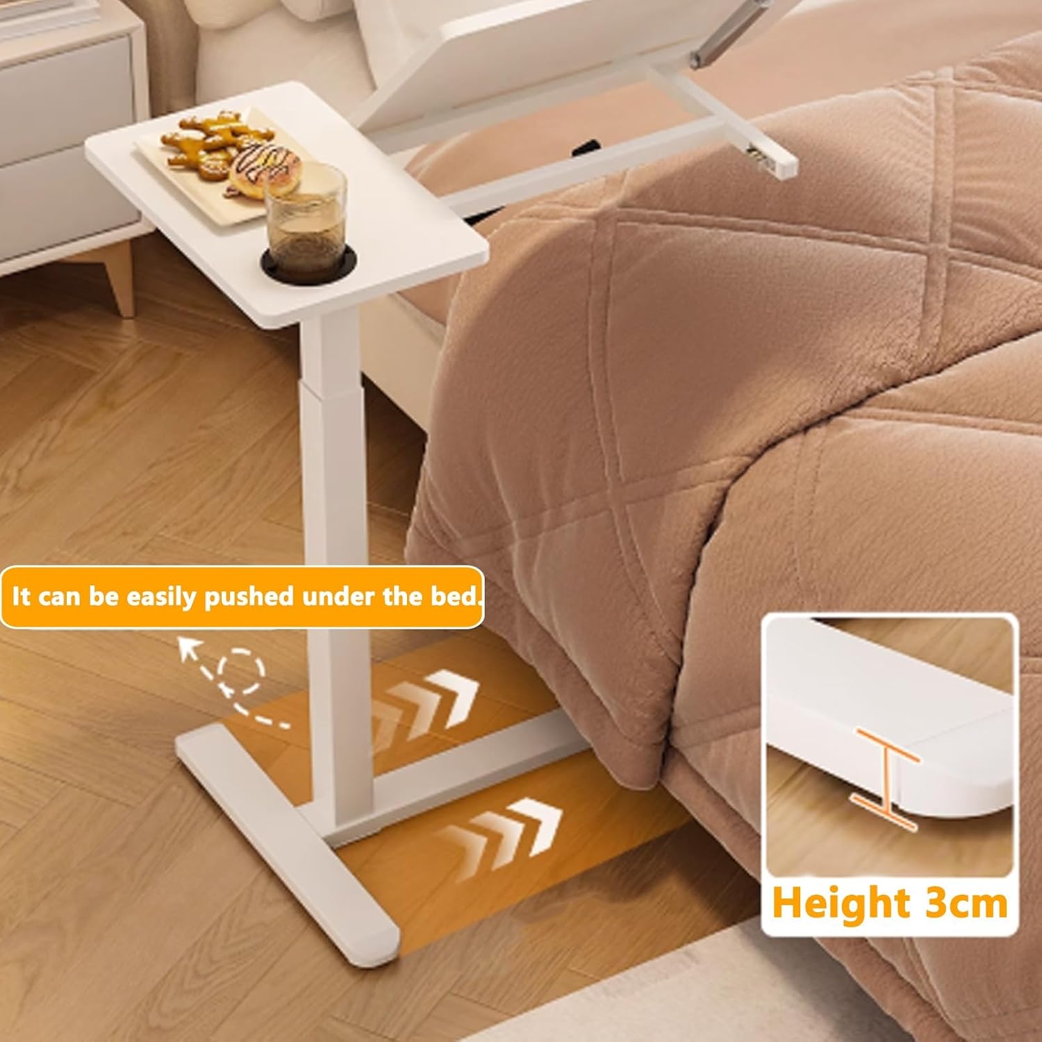 Pneumatic Height Adjustable Overbed Table, Height Adjustment Folding Bed Side Table, Tilting Desktop Hospital Bed Table with Hidden Wheels and Cup Slot, for Home(White)