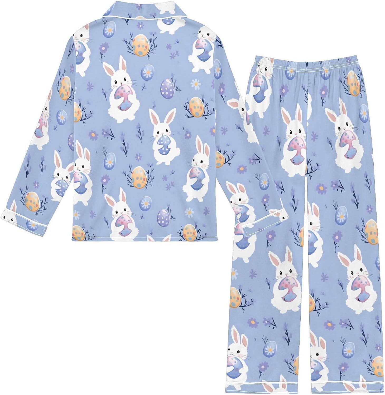senya Rabbit Holding Egg Flower 1 Satin Pajama Sets Long Sleeves Nightwear Button Down Sleepwear