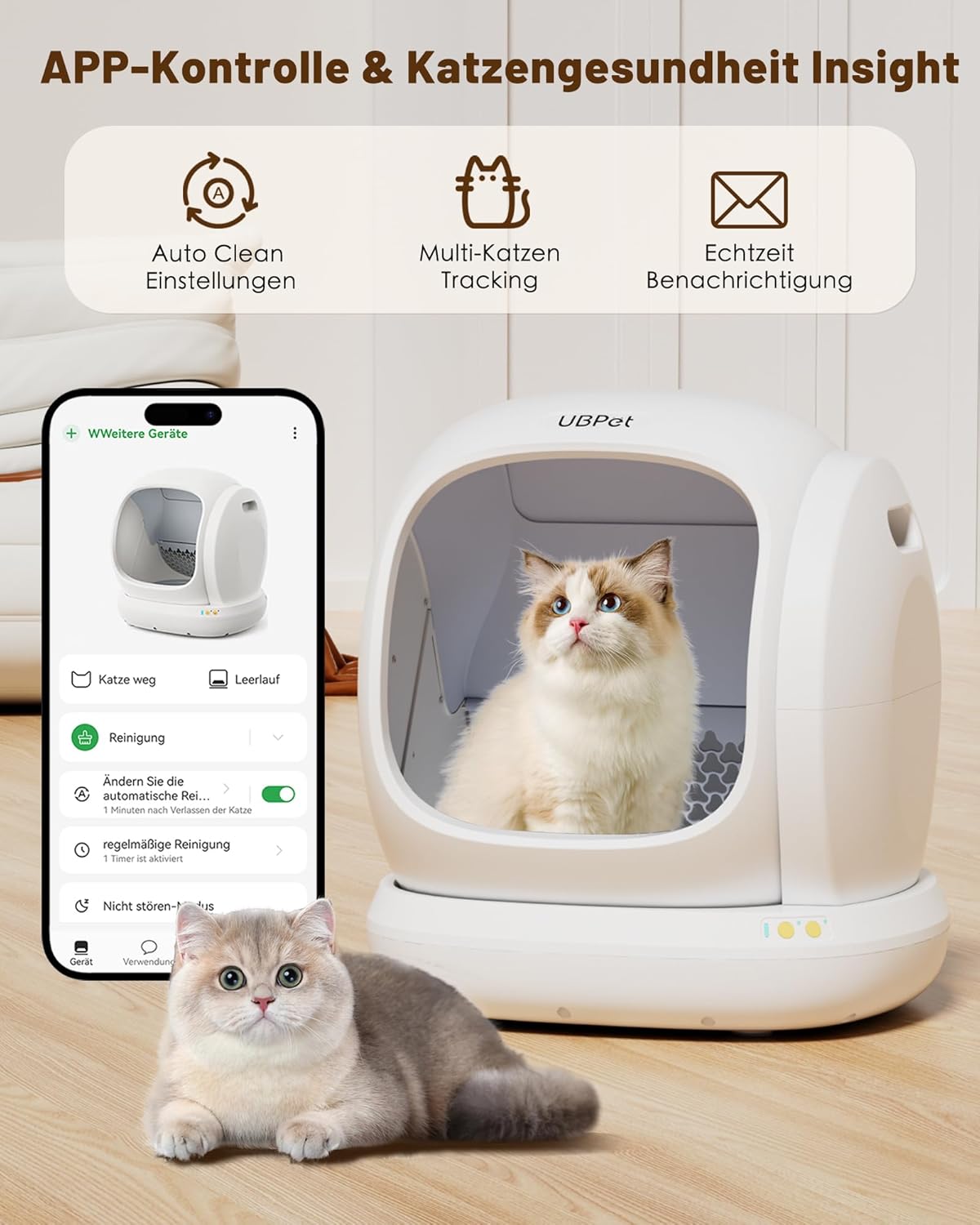 Smartphone screen showing the UBPet app interface for controlling the litter box and tracking cat health data.