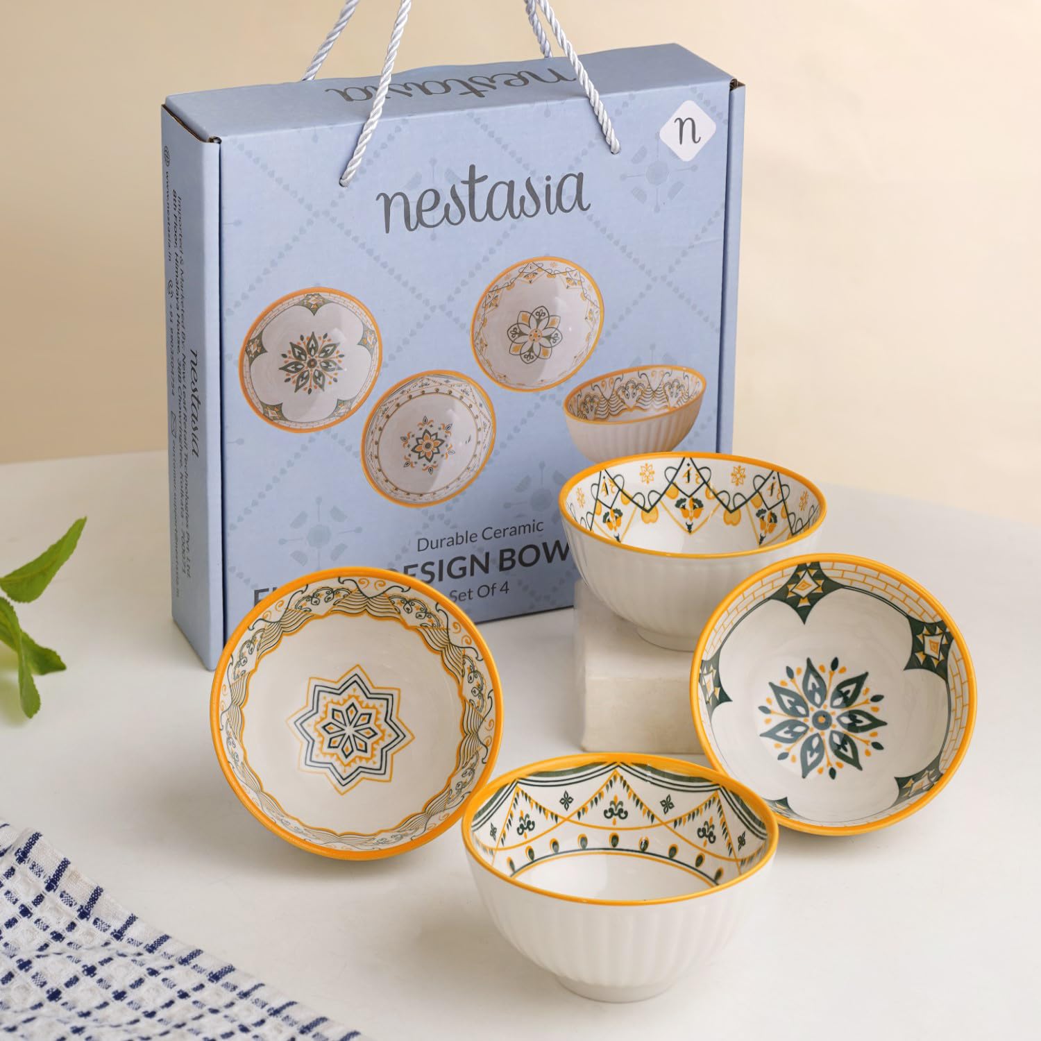 Nestasia 350ml Ceramic Bowl Set of 4, Microwave & Dishwasher Safe, BPA & Lead-Free Snack & Soup Bowls, Elegant White & Blue Crockery Set for Gift, Everyday Serving & Dining — Amazon image 11