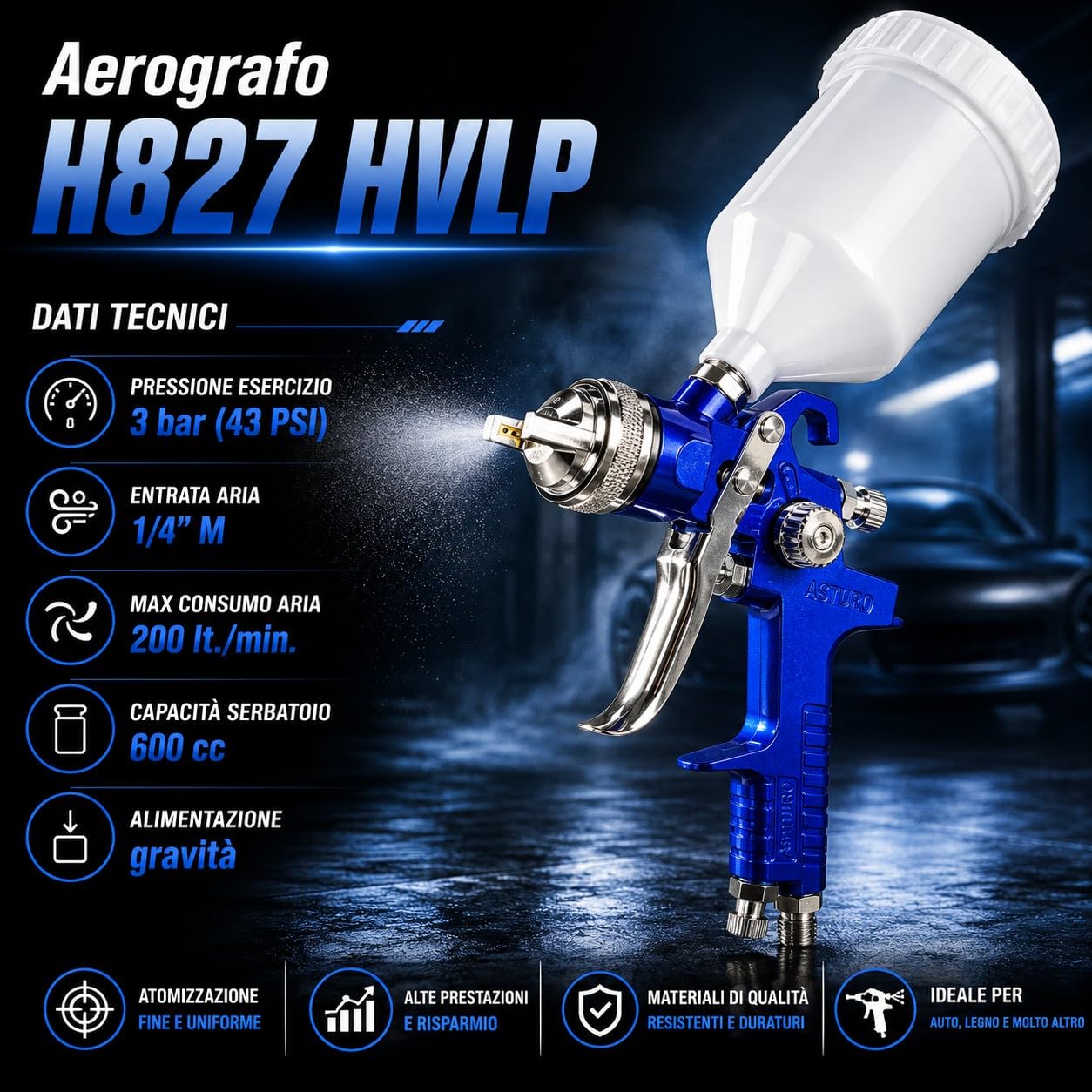 Aerografo Pistola a Spruzzo HVLP Professionale Ugello 1.4mm con Serbatoio da 600ml Tre Modalità di Regolazione per Compressore Verniciatura Auto Legno Mobili Carrozzeria