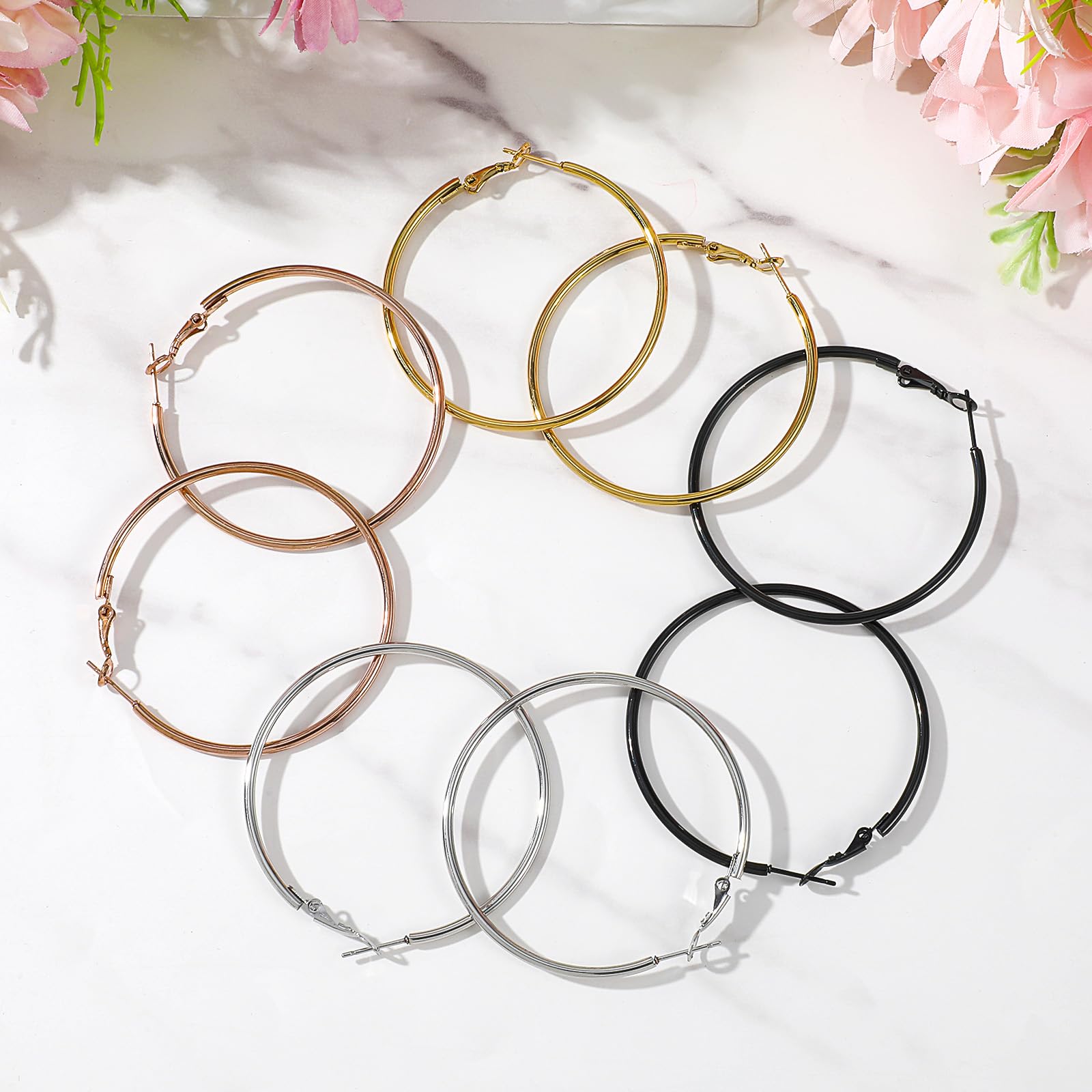 4Pcs Stainless Steel Hoop Earrings, Large Circle Silver Hoop Cartilage Gold Silver Rose gold Black Oversize Earrings for Women: 50mm