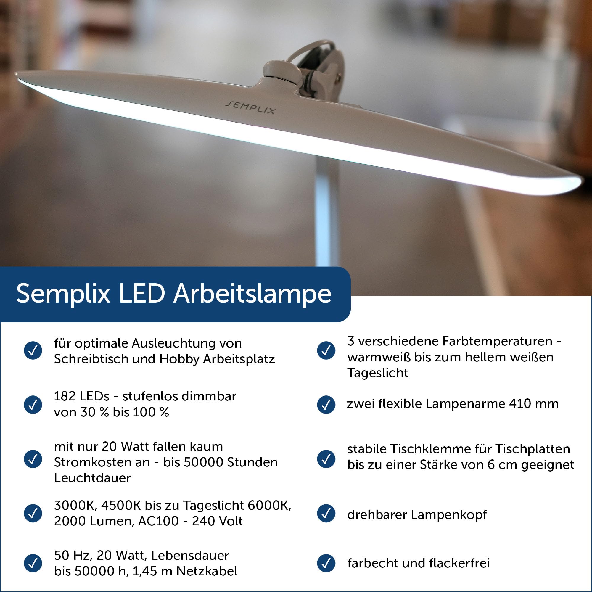 SEMPLIX LED Arbeitslampe 182 LED/Lichtfarbe einstellbar/dimmbar/Tischklemme (weiß)