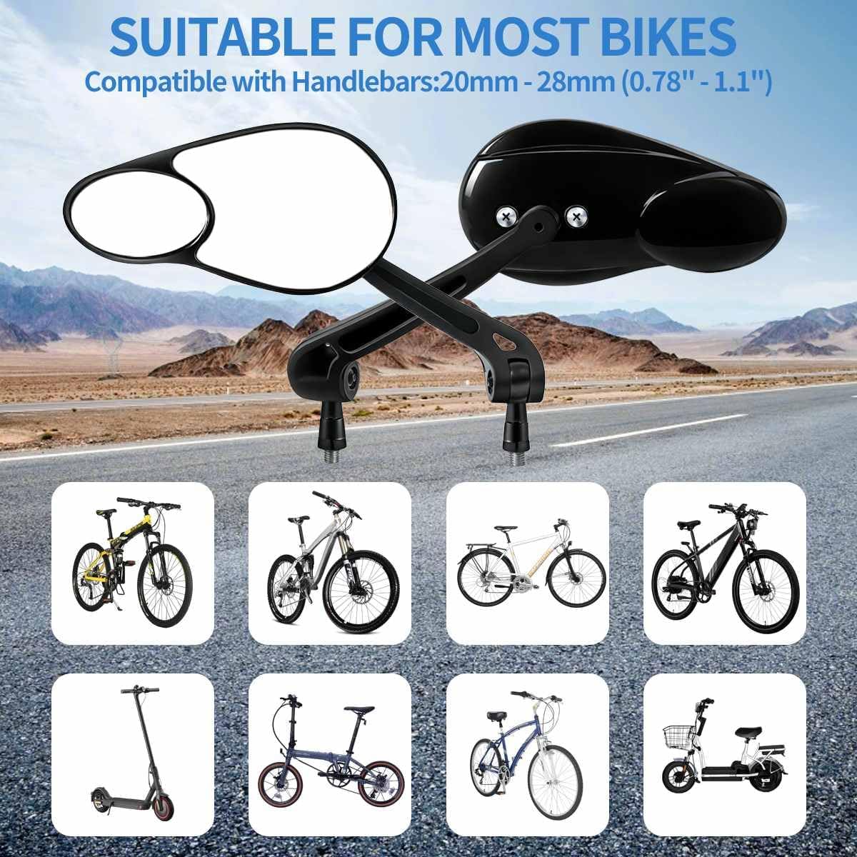 1 Pair Bike Mirror Handlebar Mount, Dual Sport Mirrors, 360°Adjustable HD Bicycle Rear View Mirror, Scratch Resistant & Wide Angle, Fit for E-Bike, Mountain Bike, Scooter, Left+Right