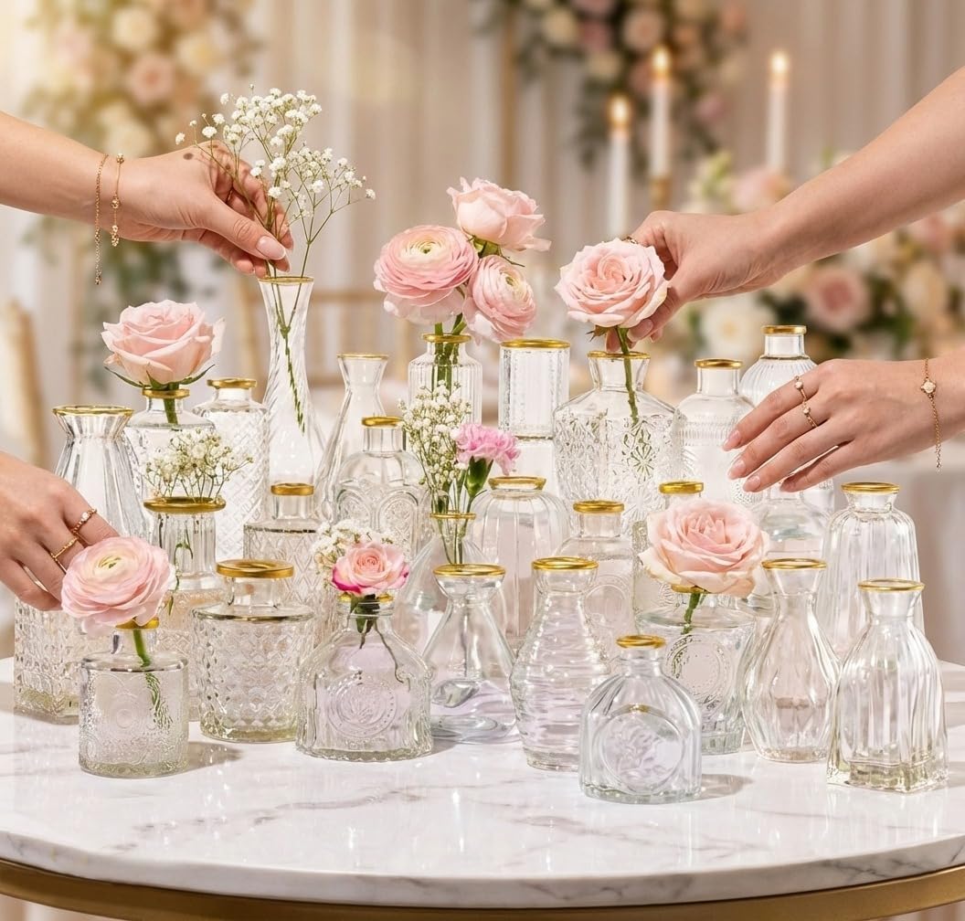 30 Pcs Premium Clear Bud Vases with Gold Rims - Small Bud Vases in Bulk for Table & Wedding Decor - Mini Vases for Flowers, Centerpieces and Home Decorations - Event Styling Vintage Vases