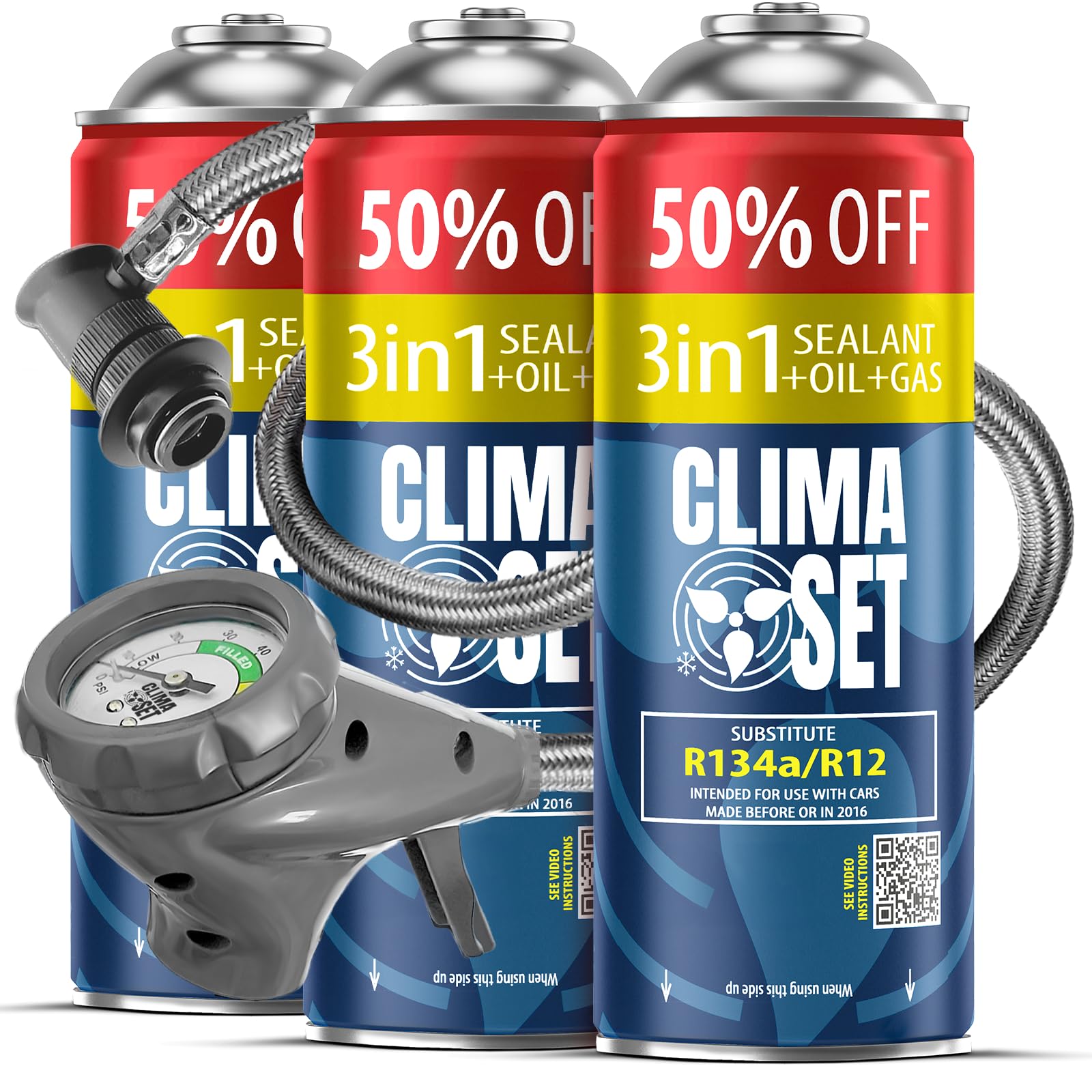 CLIMASET - Kit de Recarga de Aire Acondicionado para Coche - 3X 3 en 1 sustituto R134a + Manguera - para vehículos de 1994 a 2016, Manguera Moderna y fácil de Usar, manómetro