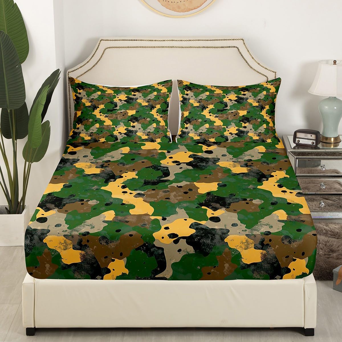 jejeloiu Camouflage Sheets with Deep Pocket Fitted for Girls Boys Kids Twin Size Camo Bed Cover Room Military Print Decor Sheet Set Green Yellwo Brown 3Pcs Soft Lightweight Microfiber