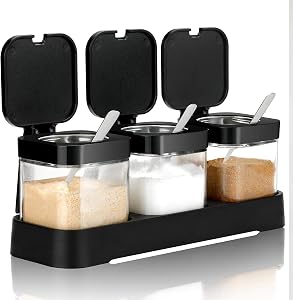 Mlici Condiment Jar Spice Container Set of 3 with Lids & Spoons, 255ml Clear Glass Condiment Canisters Pots Seasoning Box, Salt Container Sugar Bowl for Kitchen, Counter, Food Storage (Black)