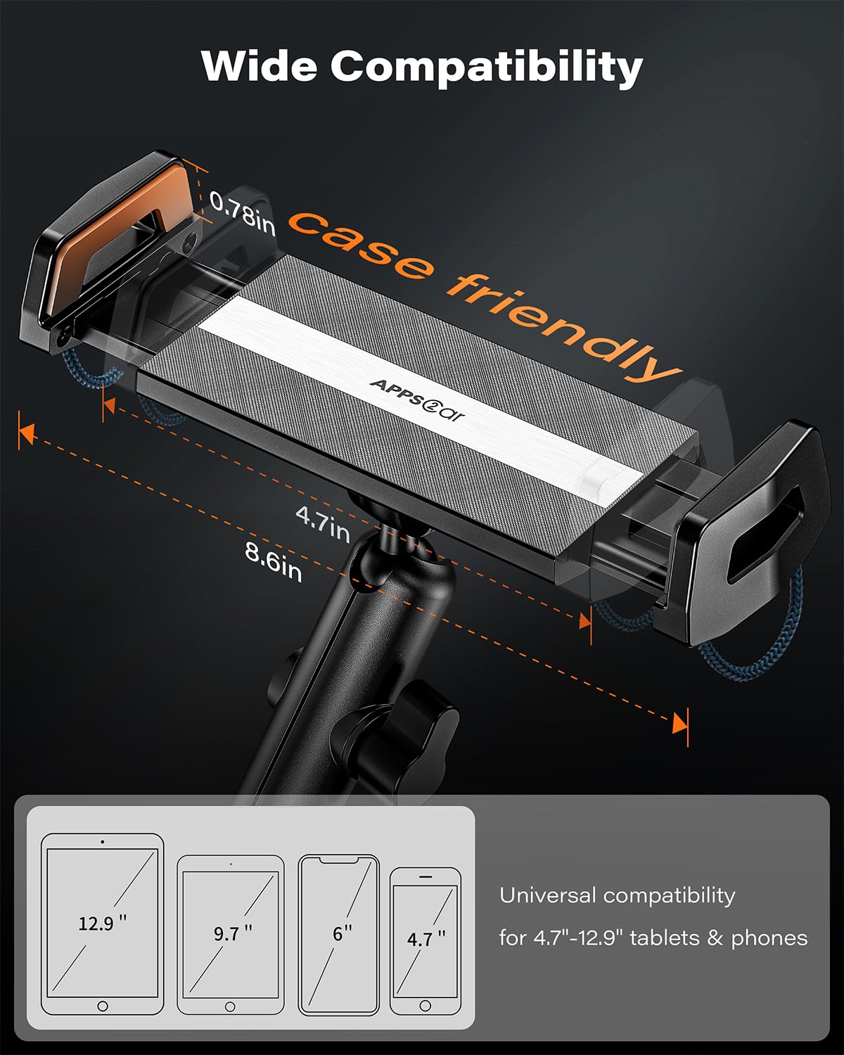 APPS2Car Supporto per iPad da auto, braccio regolabile in lega, supporto per tablet da auto, supporto per tablet, viaggi su strada, supporto per iPad, compatibile con telefoni cellulari e tablet da