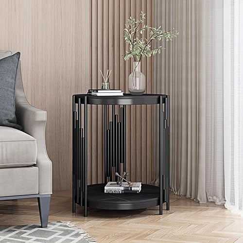 Miniatura 11 de Mesa auxiliar redonda moderna con parte superior de mármol sintético y marco de metal, mesa auxiliar de 2 niveles para sala de estar, dormitorio,