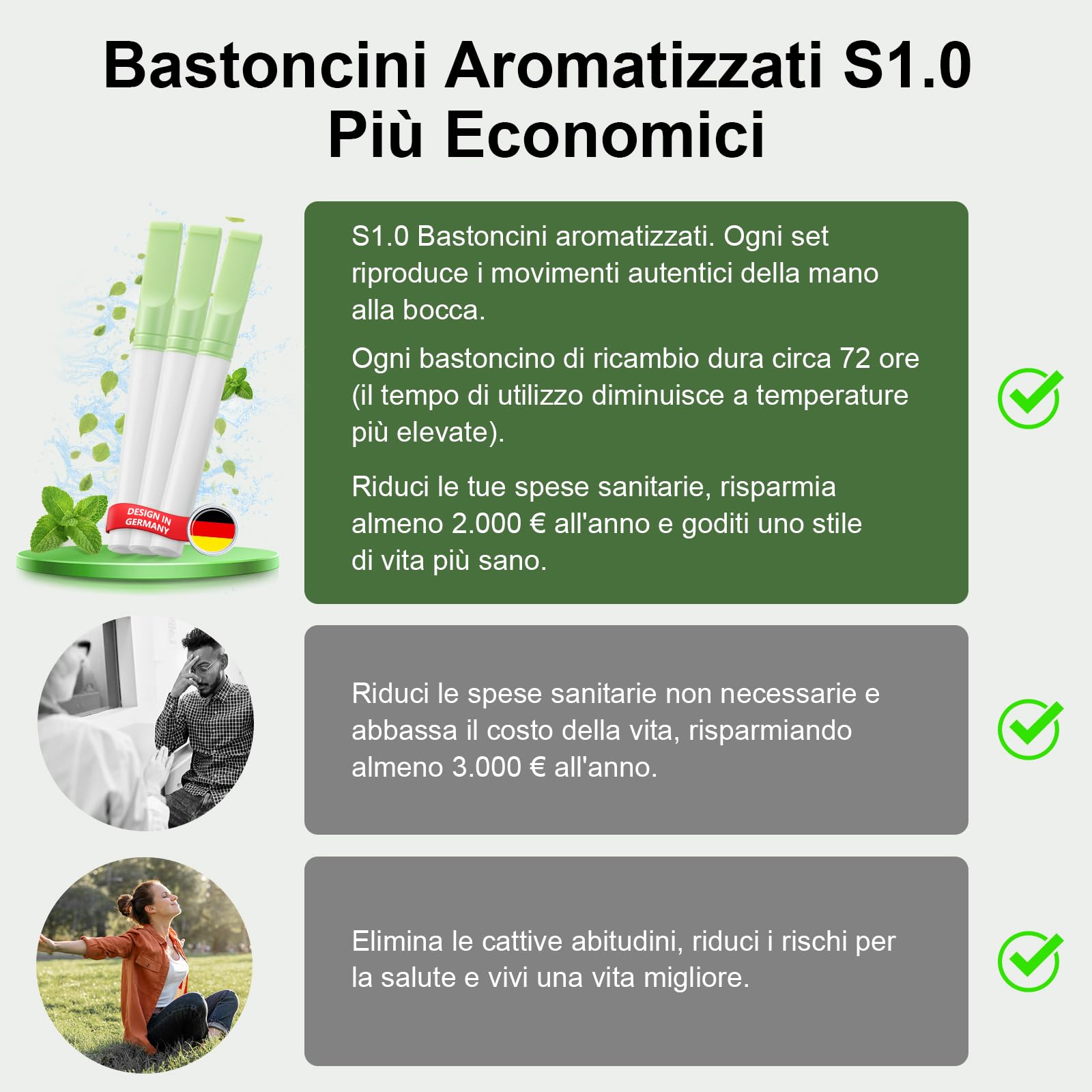 S1.0 3 PCS Smettere di Fumare Inalatore con Cartucce Filtro al Gusto di Menta Per Migliorare Respirazione Verde