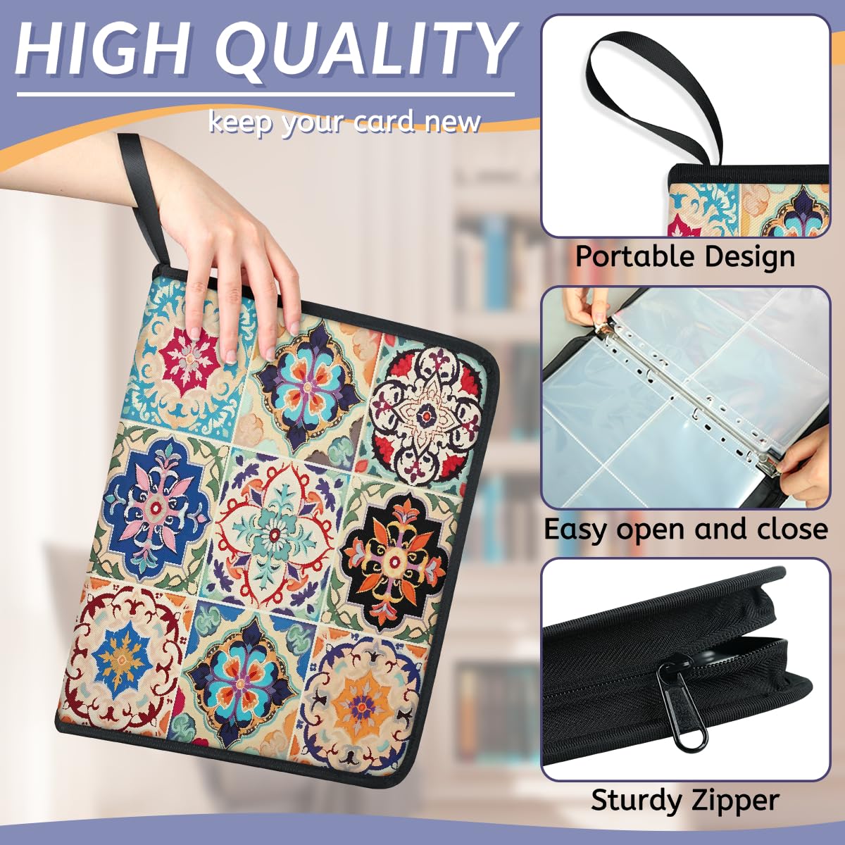 Raccoglitore per carte collezionabili con 4 tasche, stile messicano, piastrelle in ceramica, stile bohémien, damascato, con maniche rimovibili, impermeabile, con cerniera, 50 pagine, capacità 400