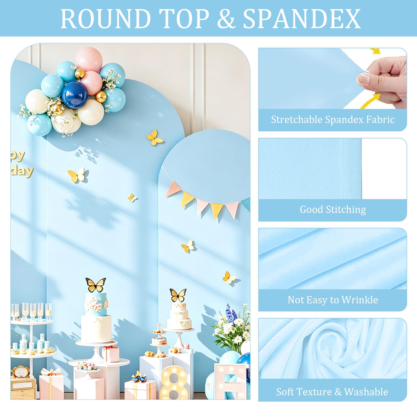 Arc de fond - Toile de fond double face avec dessus rond, fond photo pour mariage, anniversaire, cérémonie, fête et banquet (bleu, lot de 3)