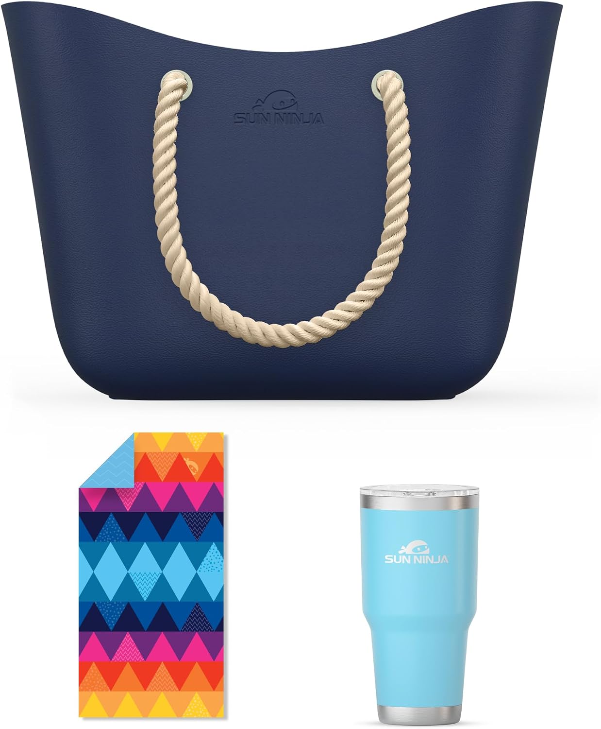 SUN NINJA Rubber Beach Bag Bundle with Beach Towel and 30oz Tumbler
