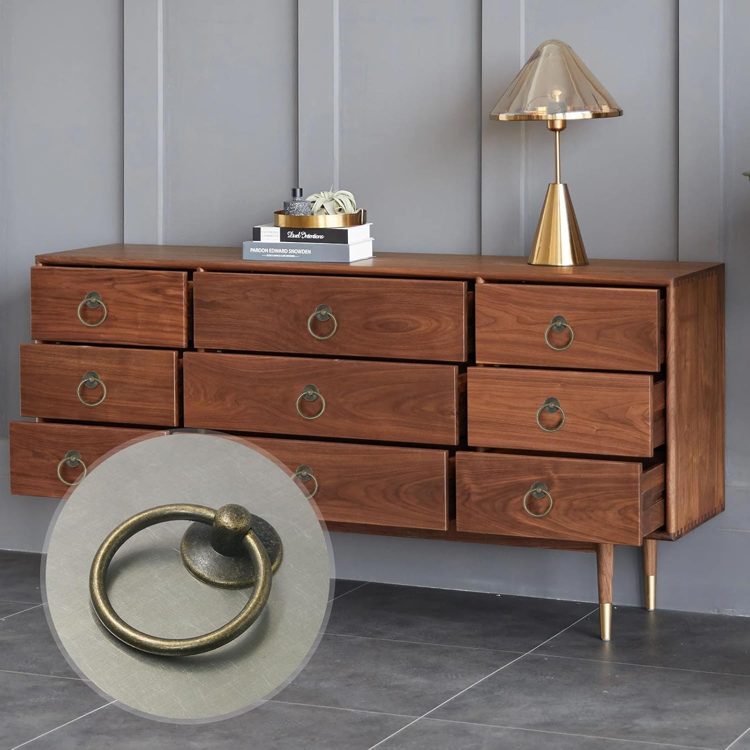 12pcs Antique Brass Ring Drawer Pulls, Vintage Cabinet Ring Handles, Metal Drawer Knobs for Dresser Drawers Cupboards