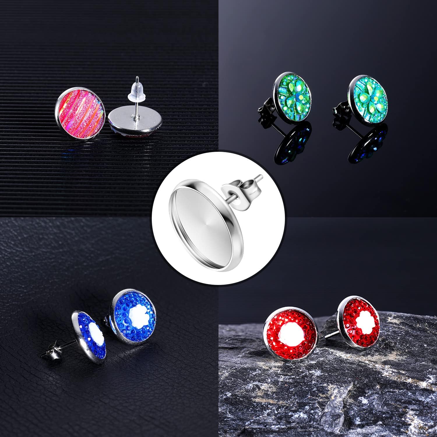 Sureio 1000 Pieces Stud Earring Kit Include 300 12 mm Stud Earrings Blanks Cabochon Bezel Settings, 350 Rubber Post Backs and 350 Stainless Steel Ear Backs for Jewelry Making(Silver) - Image 6