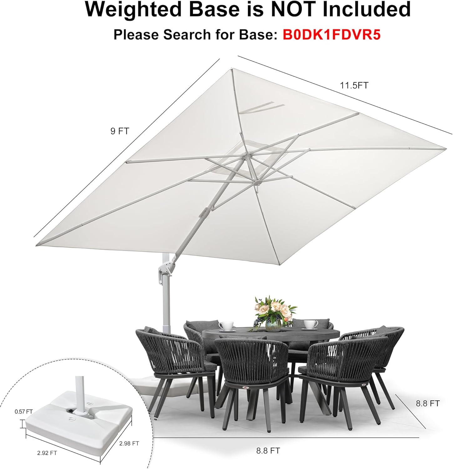 PURPLE LEAF 9' × 11.5' Patio Umbrella White Cantilever Umbrella Aluminum Square Outdoor Offset Umbrella Hanging Windproof with 360° Rotation for Garden Deck Pool, White