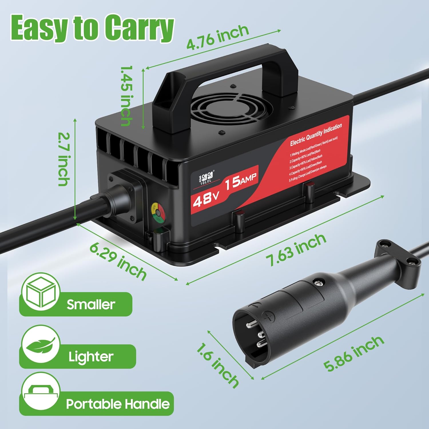 10L0L 48V 15A Golf Cart Rapid Charger for Club Car DS & Precedent, 3-Pin Plug with IP68 Waterproof, Auto Shut-Off, Smart Cooling, Aluminum Housing, Charging Indicator (Black)