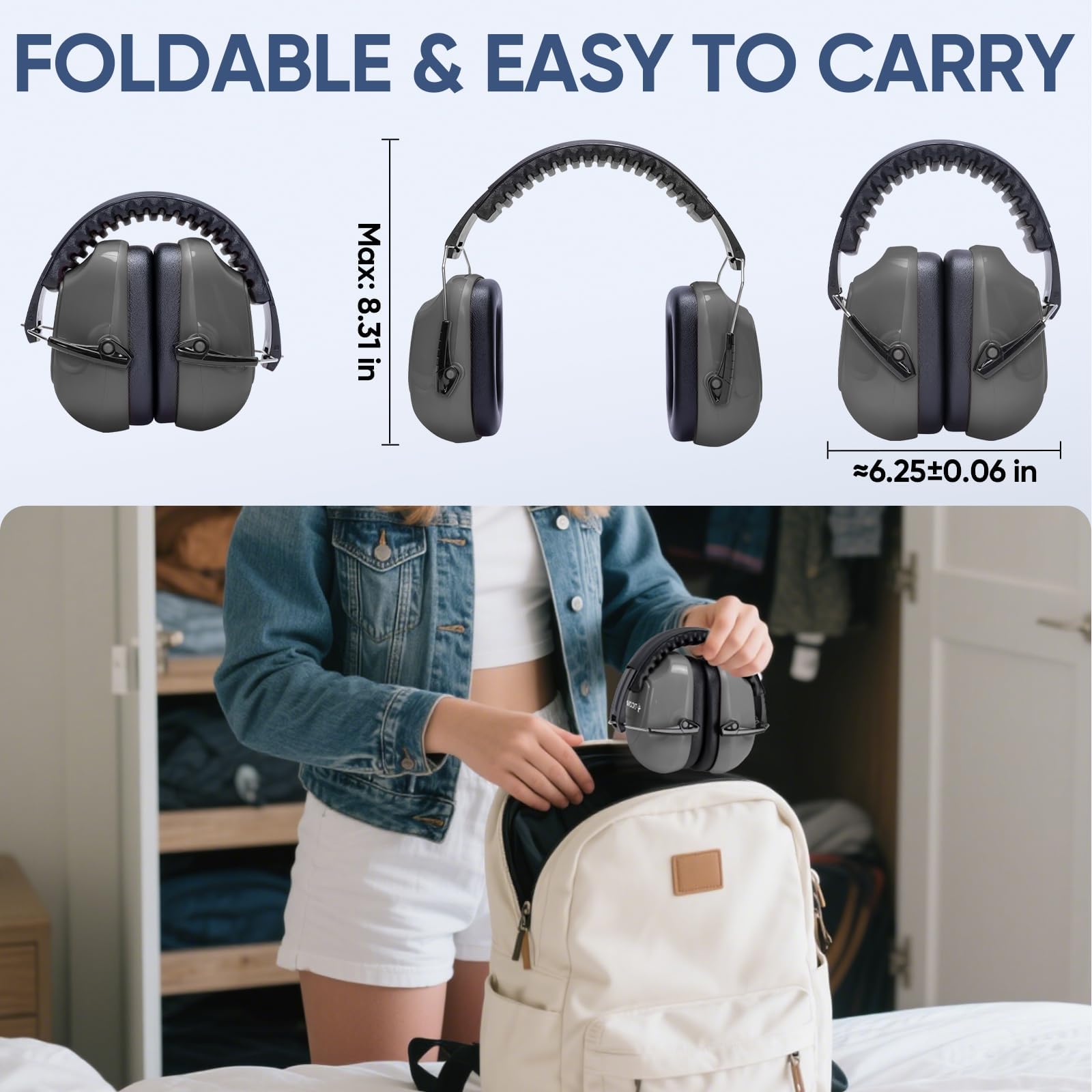 TICONN Noise Cancelling Ear Muffs for Adults, SNR 33dB Hearing Protection, Adjustable Safety Earmuffs for hunting, Construction (Dark Gray) view 6