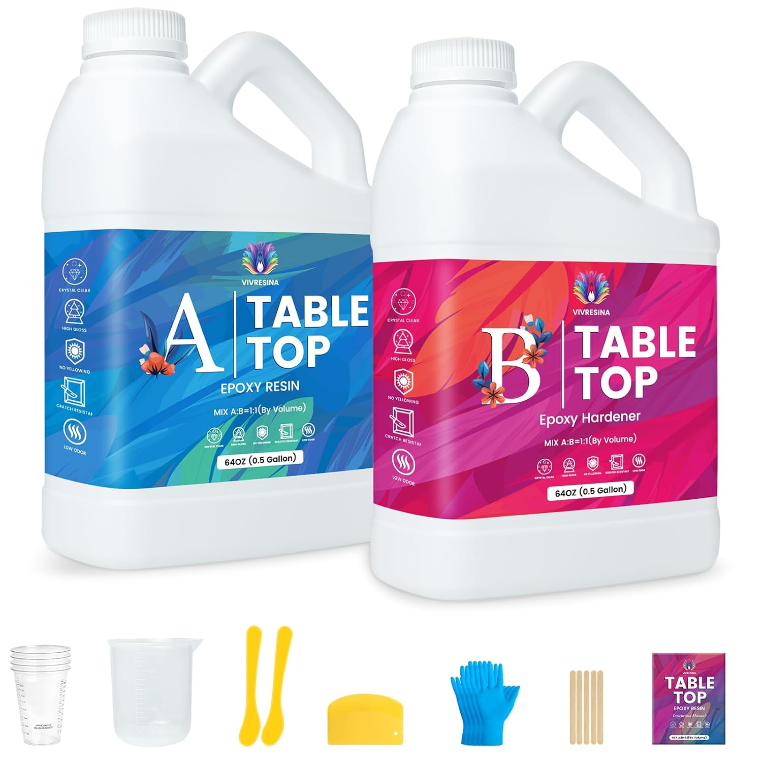 Table Top Epoxy Resin 1 Gallon Ultra Crystal Clear Gloss Scratch Resistant NO Yellowing Bubble Free Food Safe for Bar Top, Woodworking Surface Coat, Easy Mix 1:1 Ratio