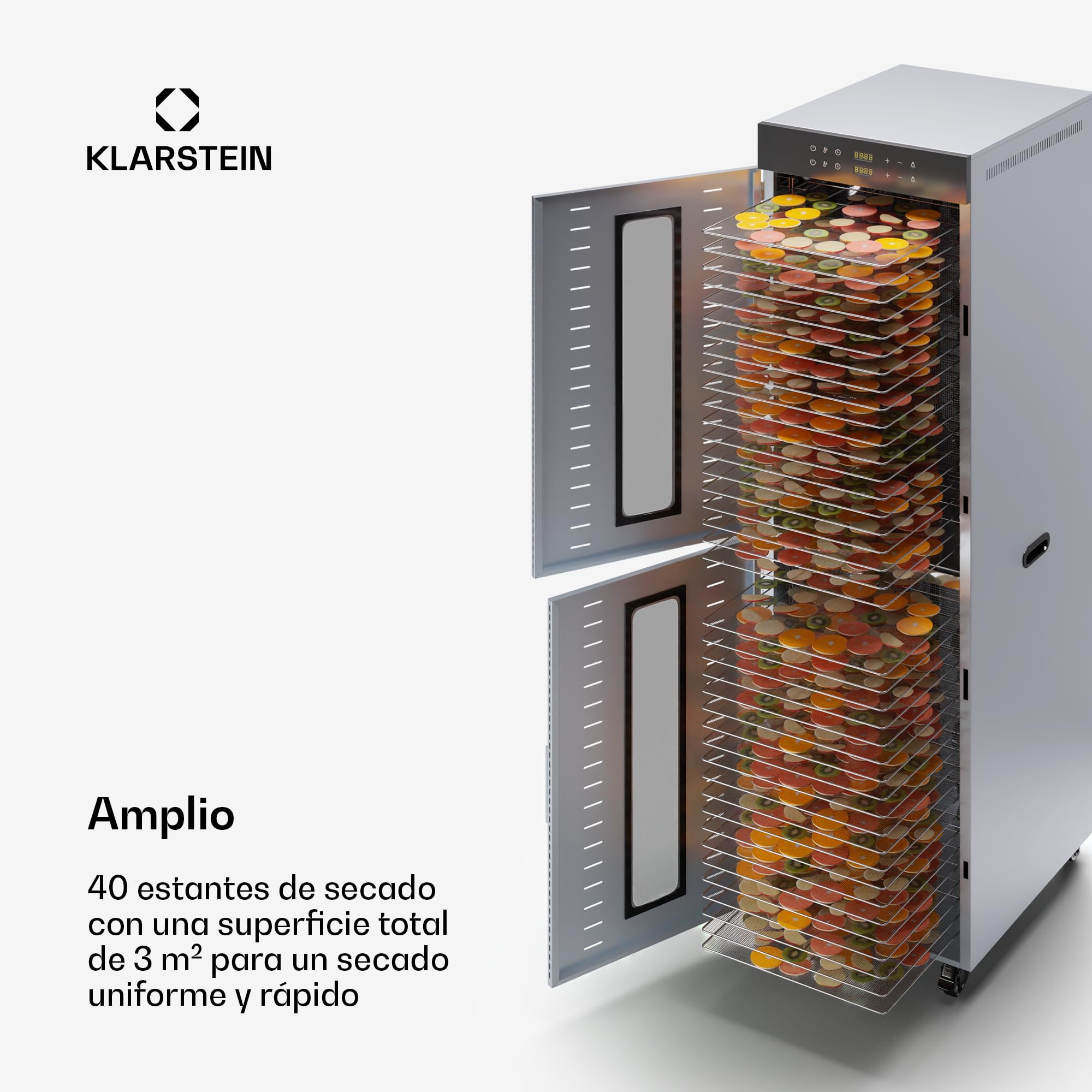 Klarstein Deshidratador De Alimentos, 4000W, 40 Bandejas Acero Inoxidable, 30-90 °C, Temporizador 24h, 6 Ventiladores, 2 Cámaras, 50-55 dB, Ideal Para Frutas, Verduras, Carne, Hierbas, Plateado