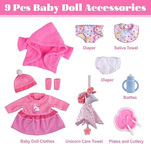Miniatura 5 de BABESIDE Juego de 9 piezas de ropa de muñeca de bebé, para alimentar y cuidar de muñecas, pañales para muñecas, ropa interior, baberos, toalla de