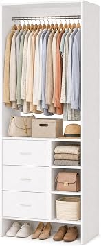 COSIEST Closet System with 3 Drawers, 29.5" Closet Organizer System with Hanging Rod & Shelves, Freestanding Walk-in Closet Systems for Small Closets, White 29.5"L x 15.5" W x 80" H