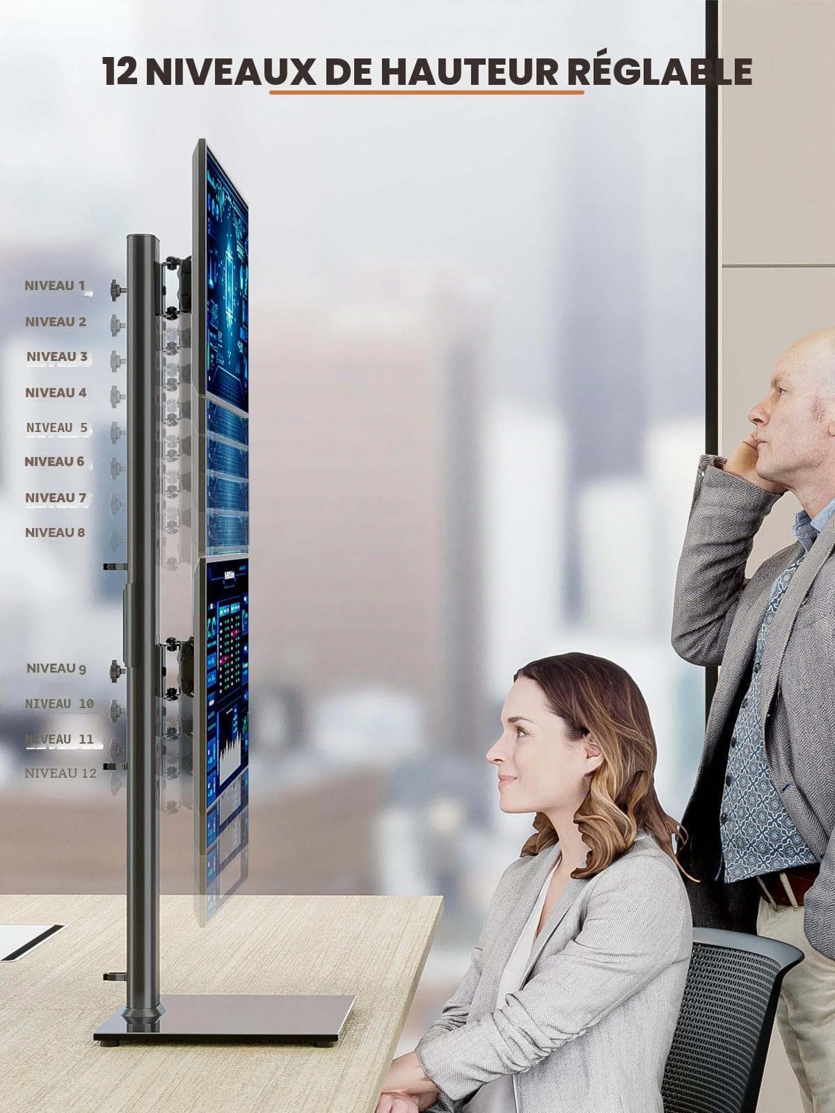 Support de Moniteur Double Vertical pour Deux écrans 13-34 Pouces, Pivotement, Inclinaison, Hauteur réglable, 44Lbs