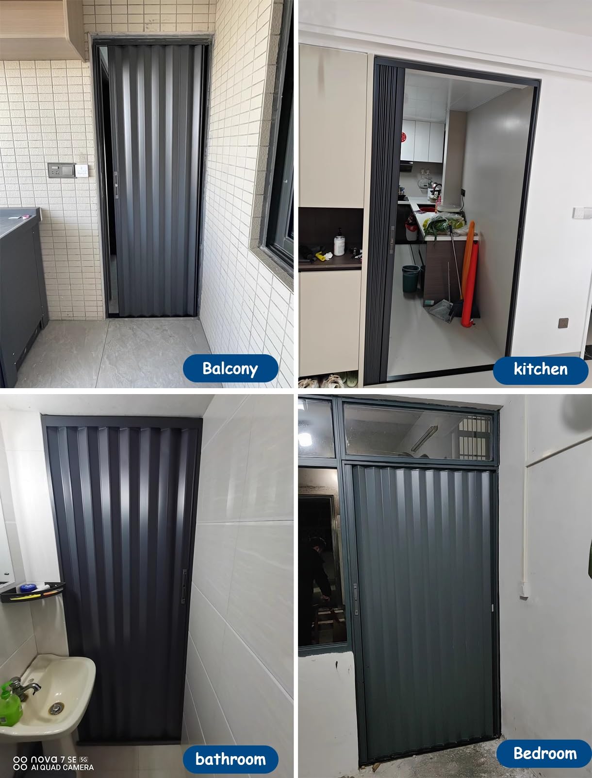 Porte Accordéon Intérieure Extérieure en Aluminium Grise de Jievmrs, Moustiquaire Coulissante Pliable avec Cadre et Rail, Kit de Quincaillerie pour Porte Multifonctionnelle de Chambre / Cave / Garage