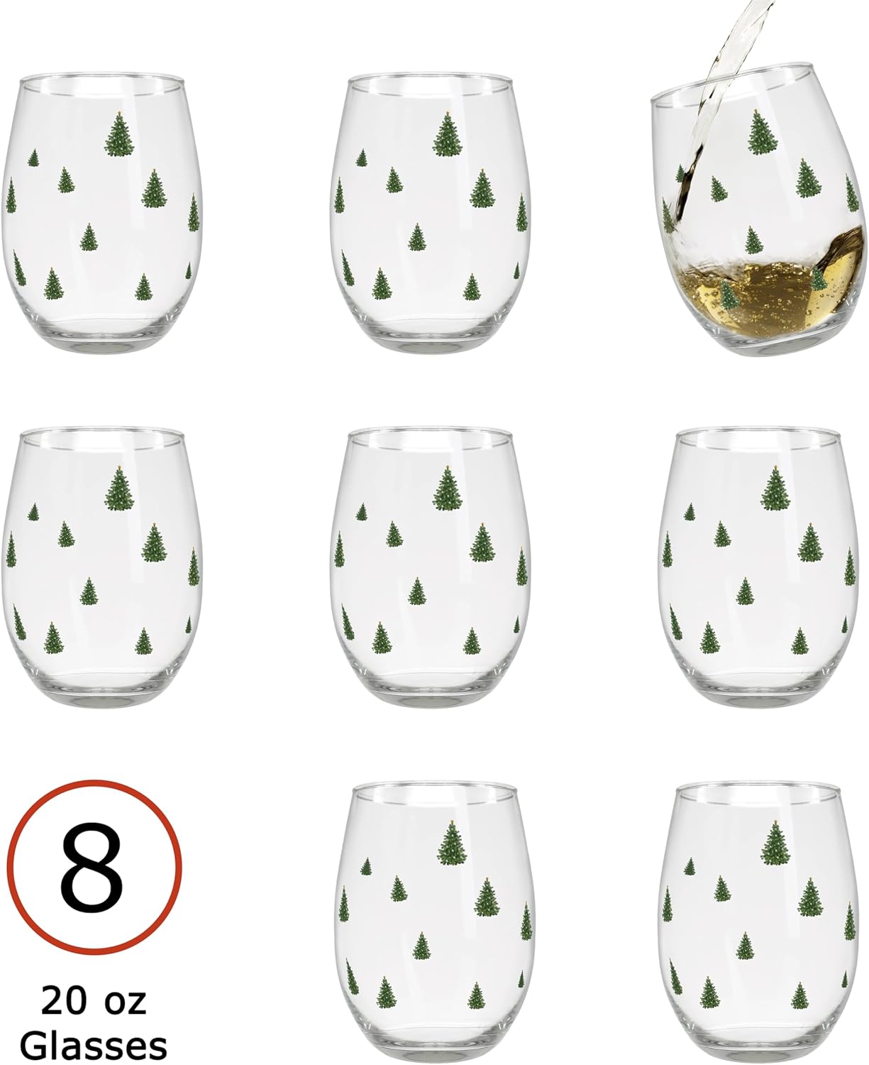 BANBERRY DESIGNS Wine Glasses with Evergreen Tree Design - Christmas Wines - Stemless Glasses with Holiday Trees - 20 oz Capacity - Set of 8