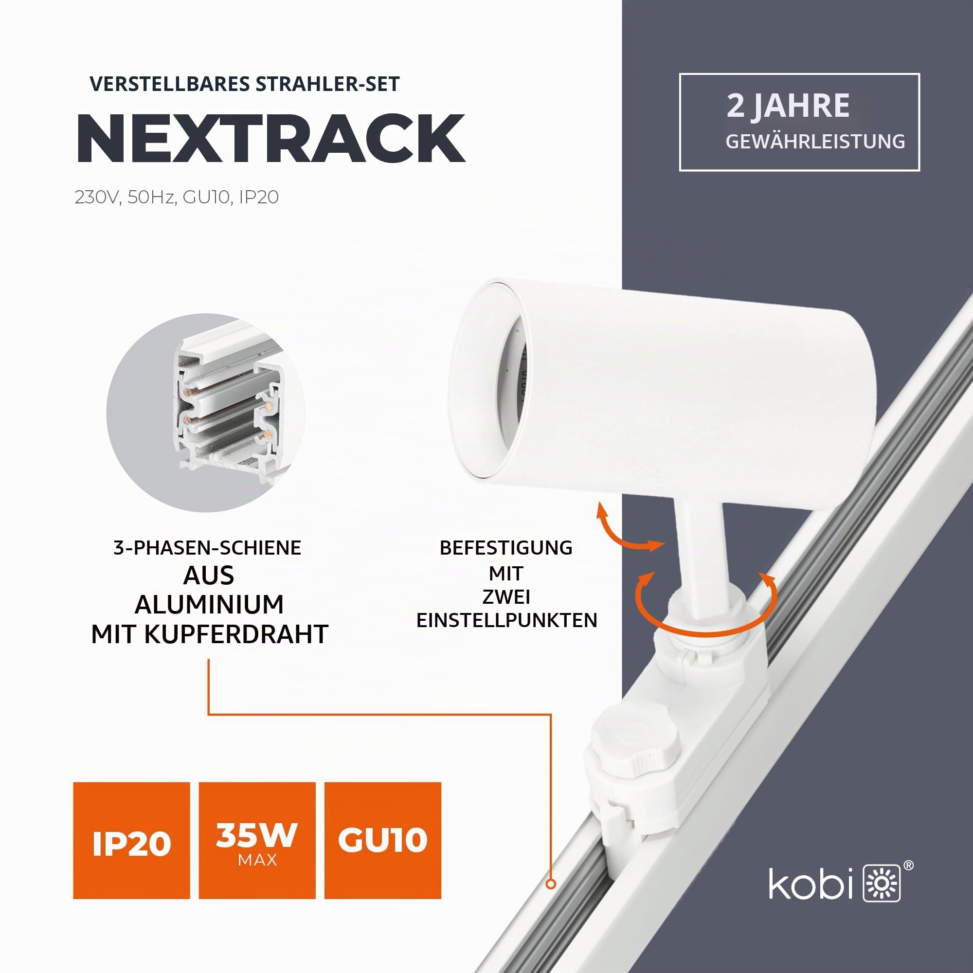 3-Phasen-Schienen-Set NEXTRACK - Schienensystem Komplett-Set mit 4x GU10 Spots und 2m Schiene + Stromversorgung + Kappe (Weiß, Schiene 2 Meter)