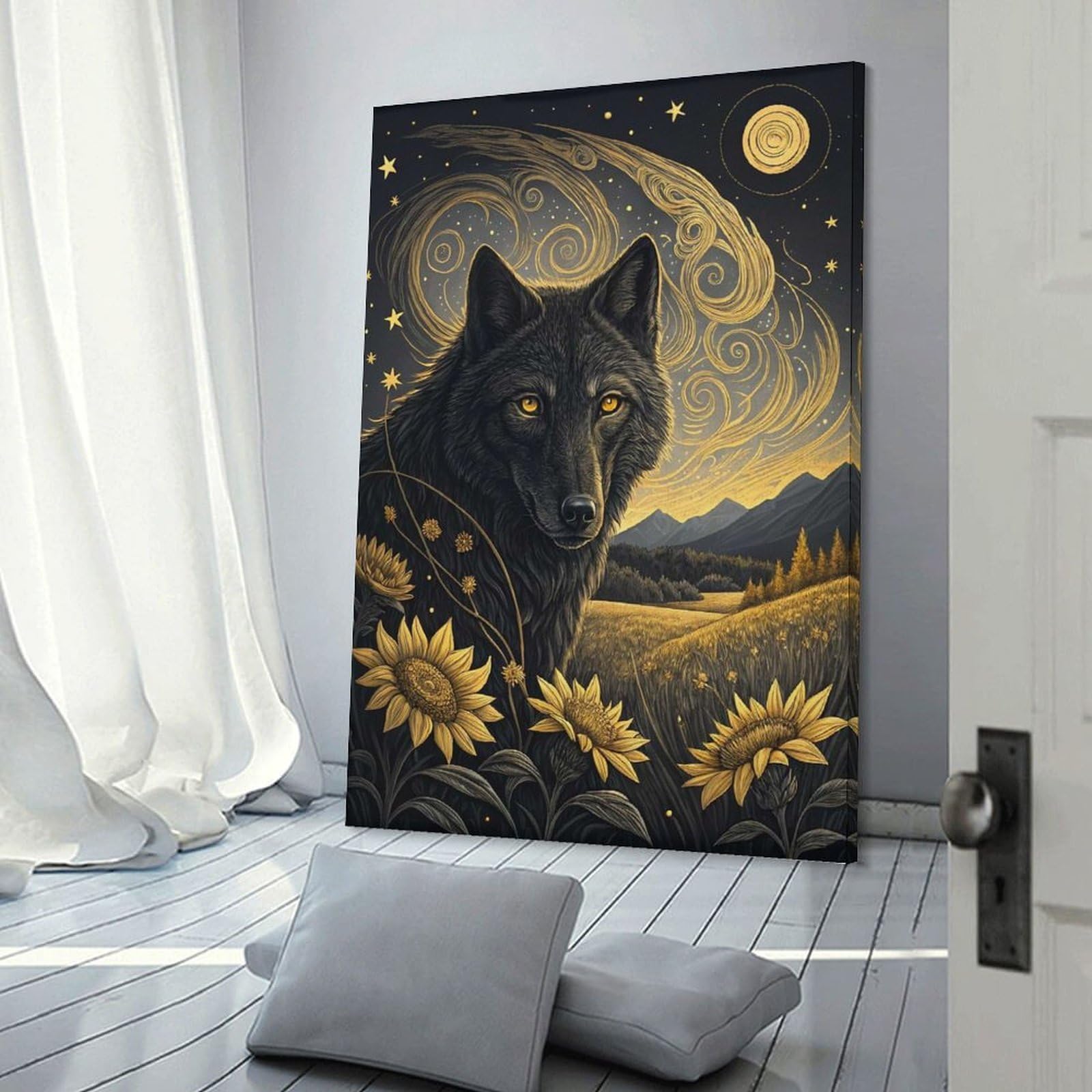 Junmoney Frame-Style-15-2 Wolf In A Starry Field Home Decor Wall Art 24X36inch(60X90cm), For Lounge, Bedroom Or Personal Spaces, Gift Idea For Housewarming And Birthdays