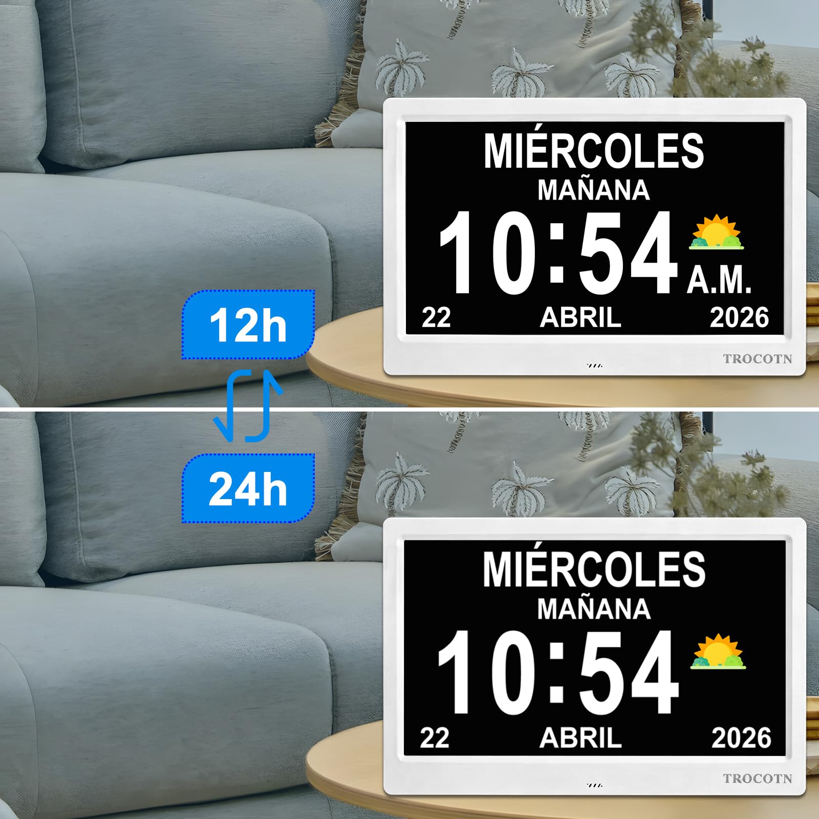 TROCOTN Reloj Digital Grande para Personas Mayores - Calendario Con Alarmas Personalizadas, de Pared Con Día y Fecha, Despertador, de Escritorio (10 Pulgadas, Blanco)