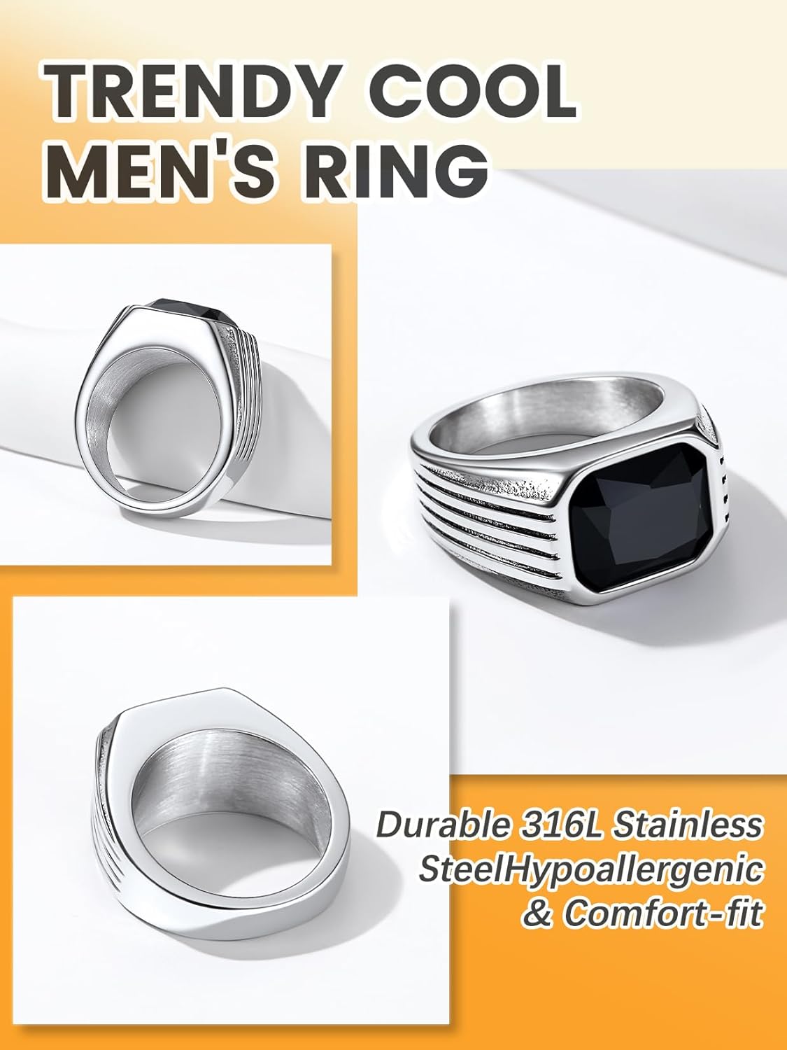 Bestyle Chunky Signet Ring for Men, Stainless Steel/Black Ring Synthetic Gemstone Band Ring Biker Ring for Men, Thumb Pinky Ring Mens Fashion Ring Jewelry Size 7-14, Gift Package - Image 5