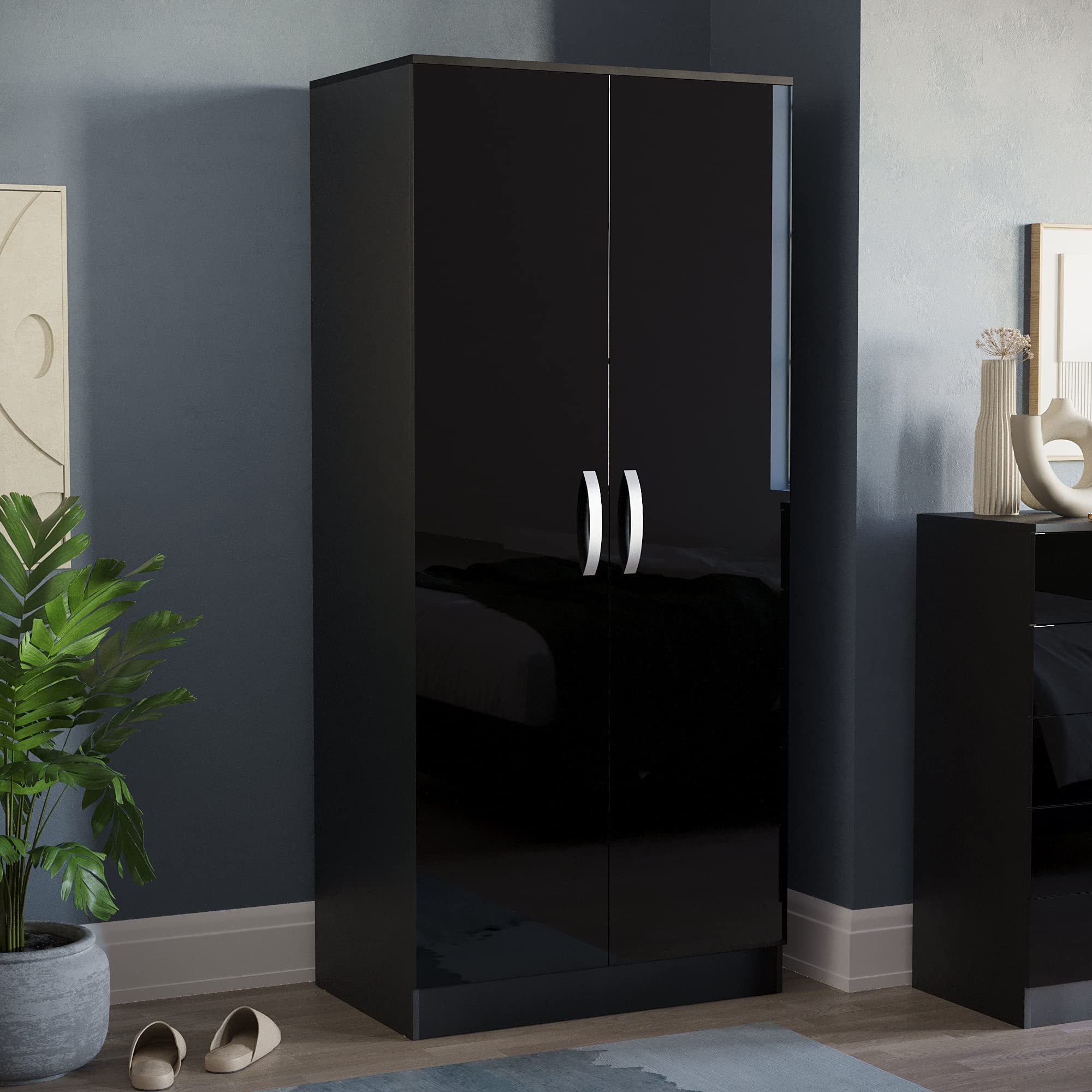Vida Designs 2 Door Wardrobe With Hanging Rail And Shelf Hiigh Gloss Door (Black)
