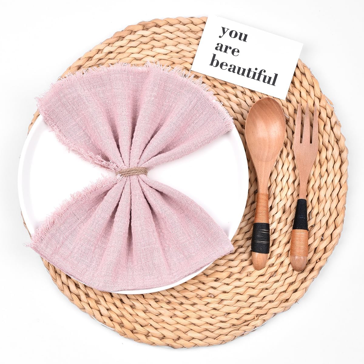 Joanlody 10 Pack Dusty Rose Handmade Cloth Napkins with Fringe Spring Easter Cotton Linen Napkins Rustic Bulk Dinner Napkins for Wedding Party Baby Shower Table Decor