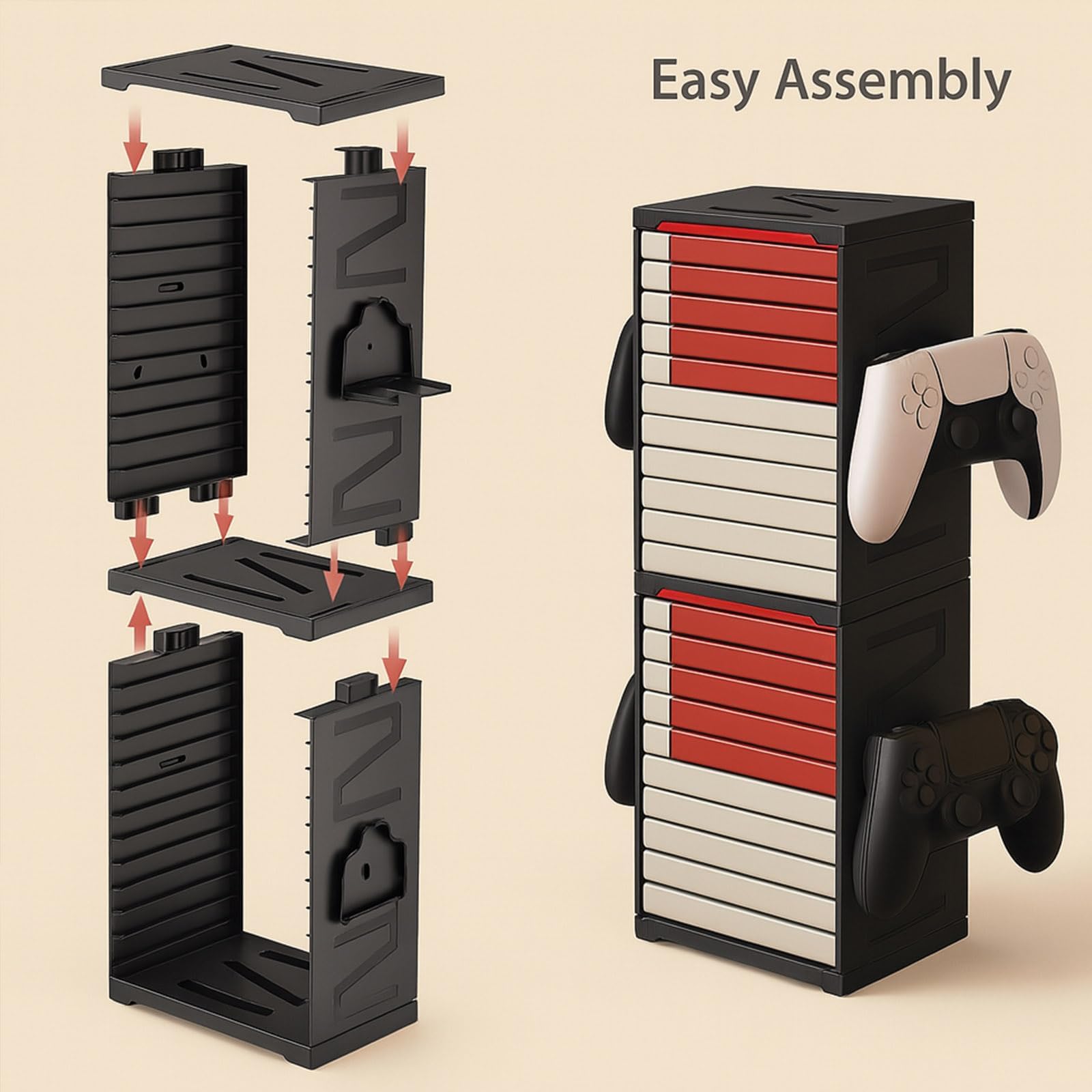 Supporto a torre di archiviazione per giochi per PS5, PS4, Xbox Series X/S, Xbox One, Switch e dischi Blu-Ray - Rack organizer per 24 dischi con controller e ganci per cuffie, salvaspazio