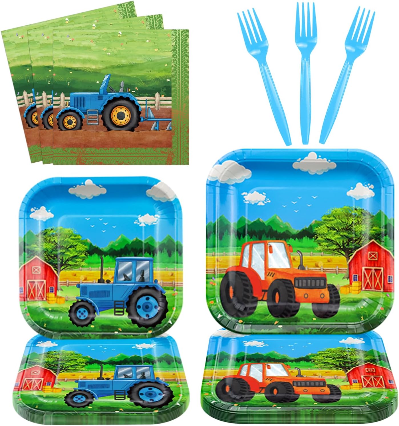 160 Packs Tractor Birthday Party Supplies Farm Decorations Tractor Party Supplies Barnyard Farm Decor Barnyard Theme Tableware Set - Plates, Napkins, Forks Serves 40