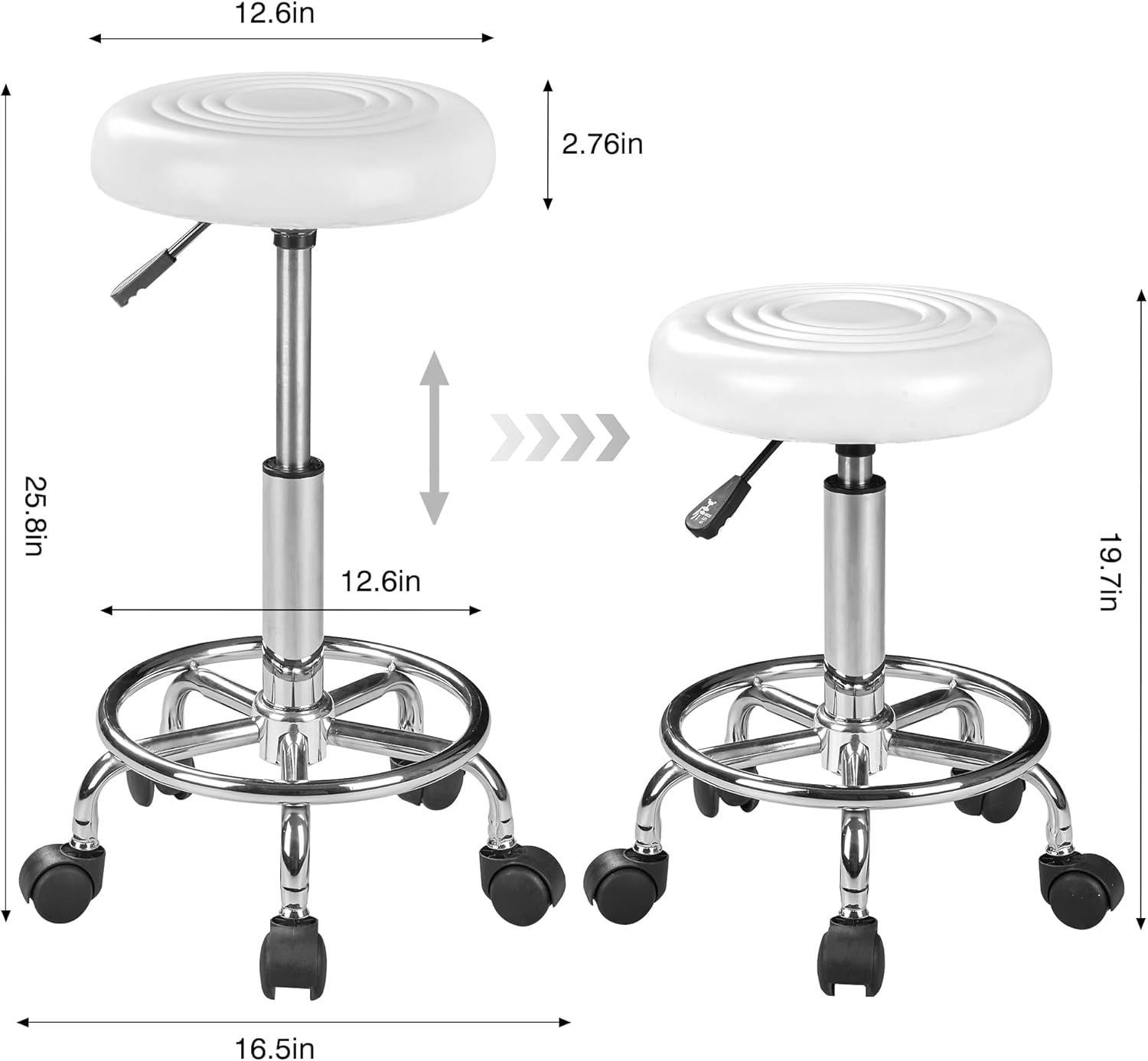 VECELO Hydraulic Salon Stool with Wheels, Height Adjustable PU Leather Swivel Seat, 300 lb Capacity (White) - Image 3