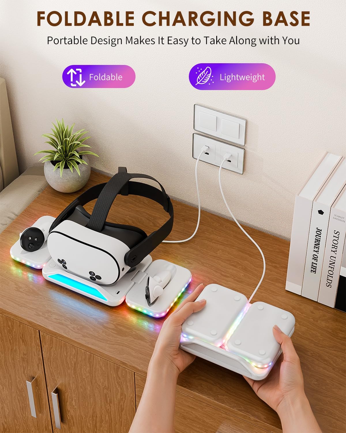 Foldable Charging Dock for Meta Quest 3/3S, Magnetic Oculus Quest 3/3S Charging Station for VR Headset & Controller with 2 Rechargeable Batteries, USB-C Charger, LED Indicator