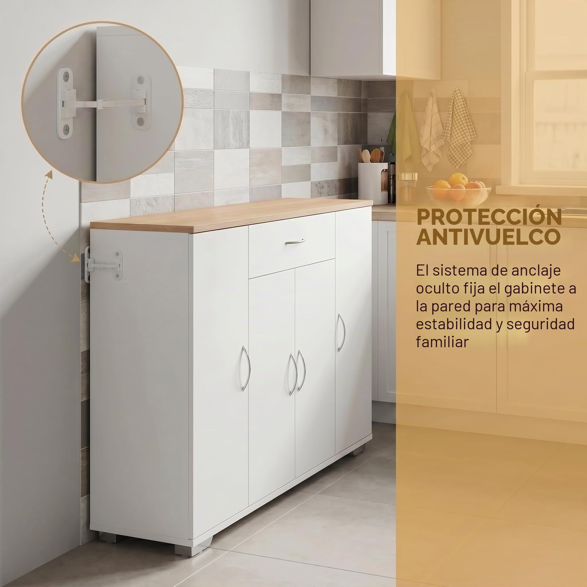 Aparador Cocina, Aparador Entrada, 110x30x74 cm, MDF, Mueble Auxiliar de Cocina y Comedor, 4 Puertas/1 cajón, estantes ajustablespara Cocina, Comedor, Salón y Recibidor (Blanco/Efecto Roble)