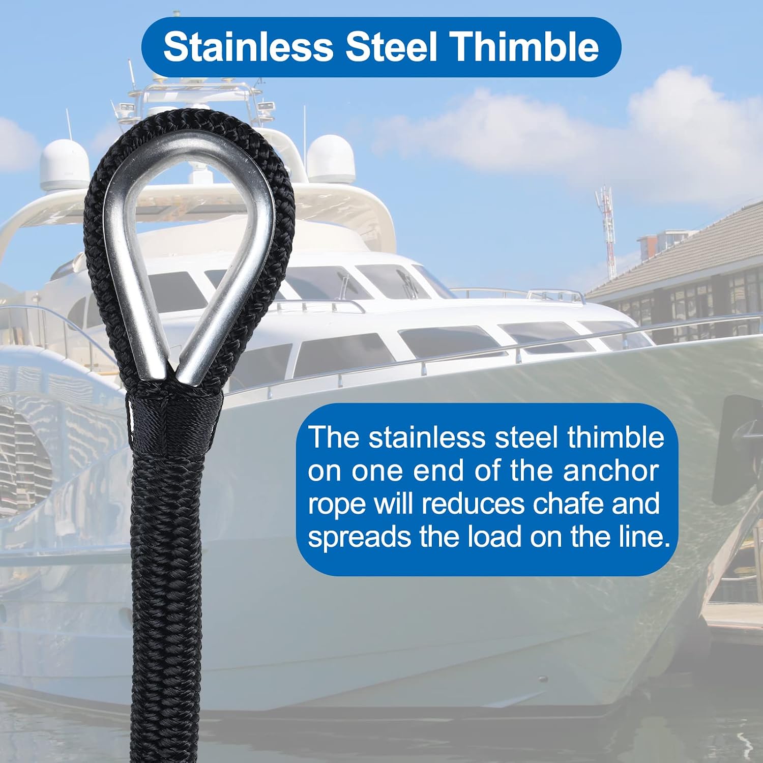 Double Braid Nylon Anchor Rope 5/8 Inch x 150 Feet with Stainless Steel Thimble-High Strength Anchor Line Safe Workload: 1600LBS;Tensile Strength:9000 LBS