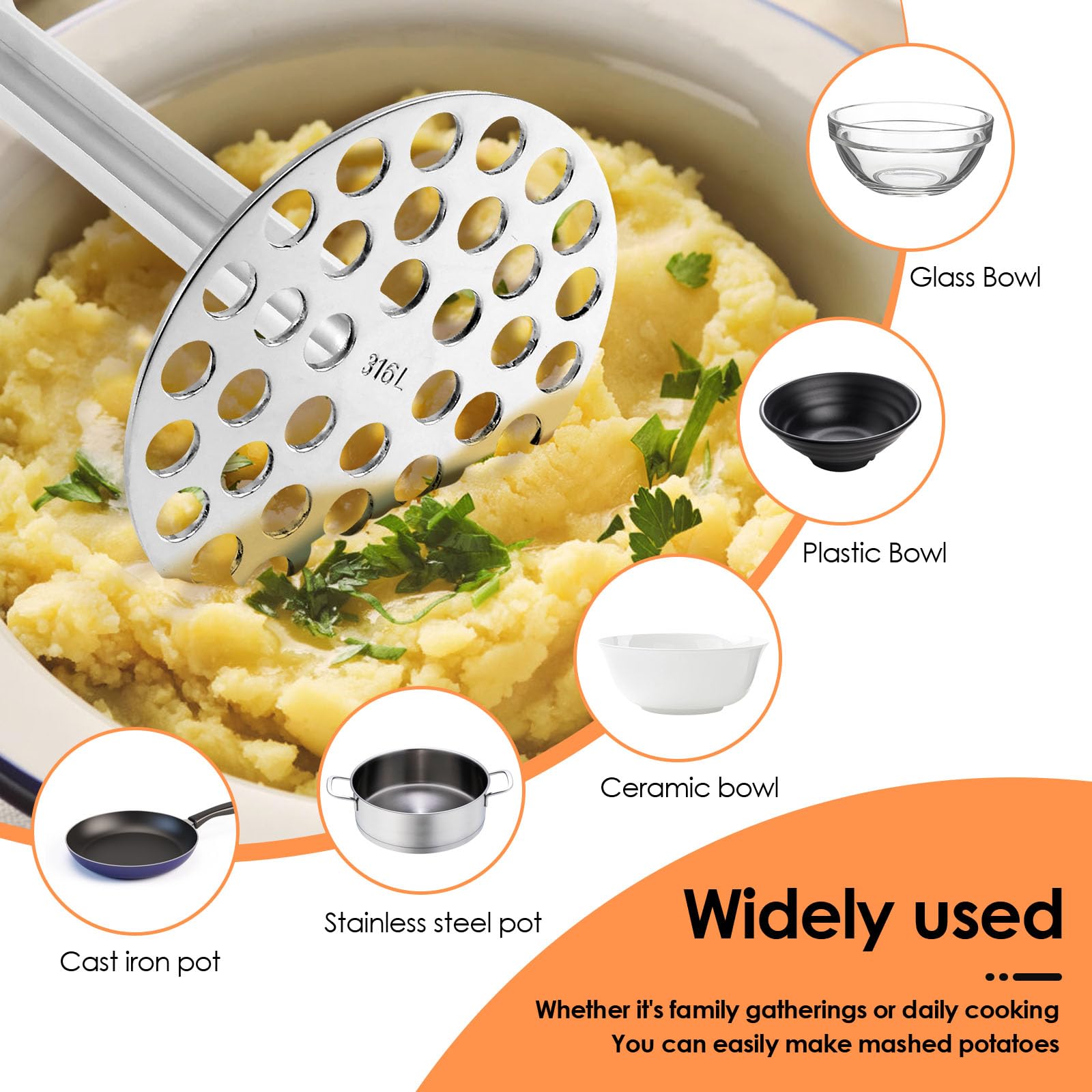 Stainless Steel Potatoes Masher for Fruit and Vegetables, Dense Hole Wood Handle Avocado Masher Multipurpose Hand Mashed Potato Tool With Hanging Hole for Home Shop Restaurant