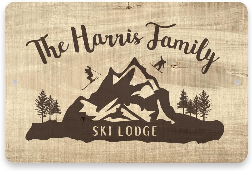 Personalized Subtle Wood Grain Ski Lodge Metal Room Sign