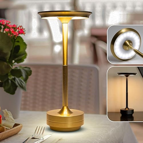 Miniatura 9 de Lámpara de mesa inalámbrica, 5200 mAh, recargable, funciona con pilas, lámpara de mesa LED de atenuación continua de 3 colores para restaurante,